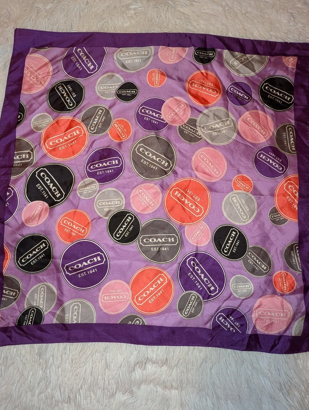 COACH Snaphead Logo Print Silk Scarf 21" Square Purple EUC